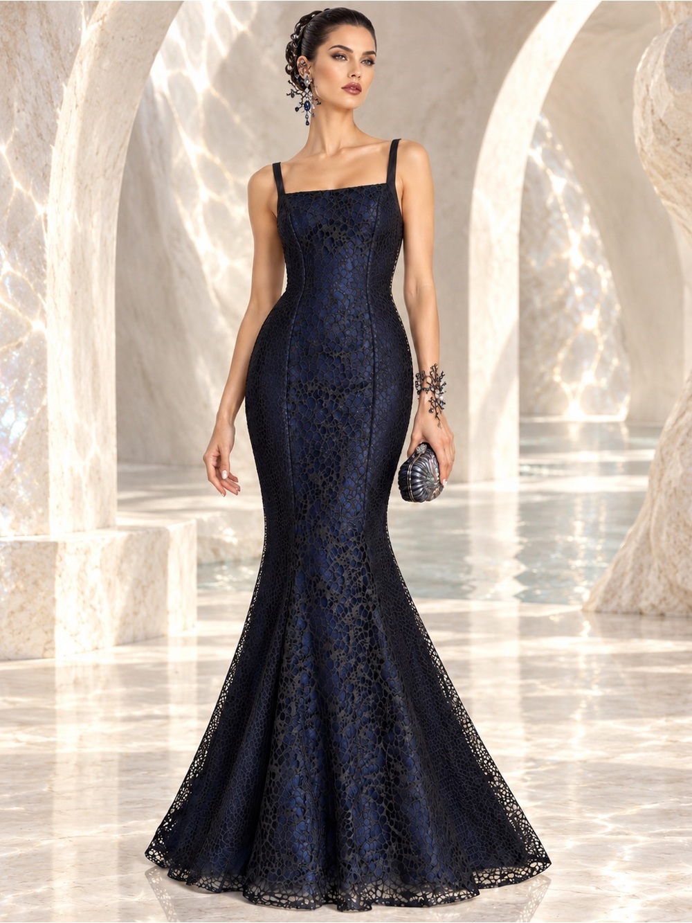 Monique Lhuillier Dark Mermaid Lace Gown Open Back Train Sz 6